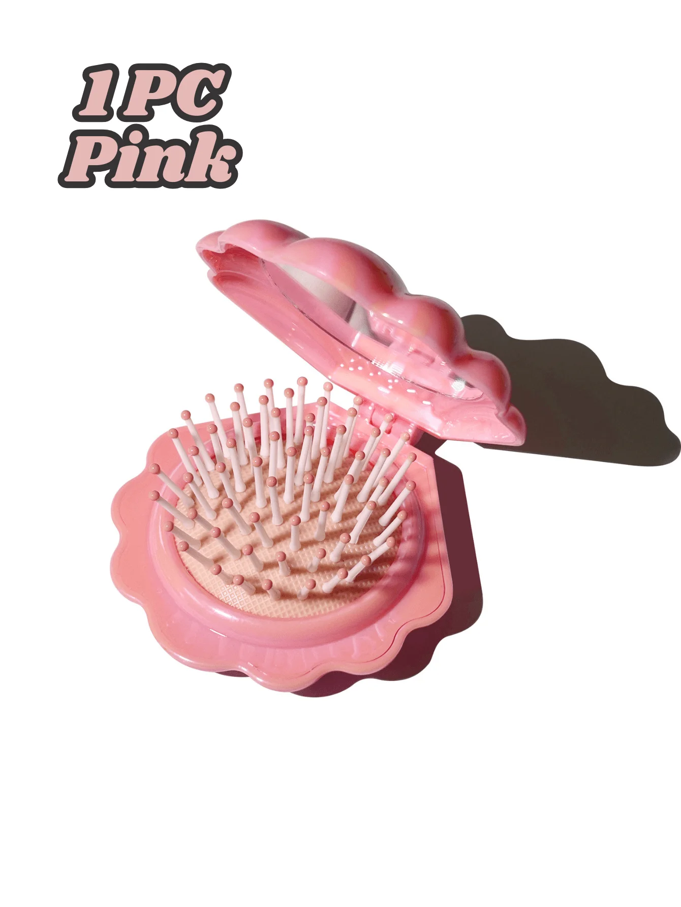 1-delige gegalvaniseerde schelpvormige draagbare make-upspiegel en kamset – opvouwbaar ontwerp, lichtgewicht kussen massagekam, gemakkelijk te stijgen haar onderweg, geschikt voor buitenavonturen en dagelijks gebruik – haarverzorgingstool