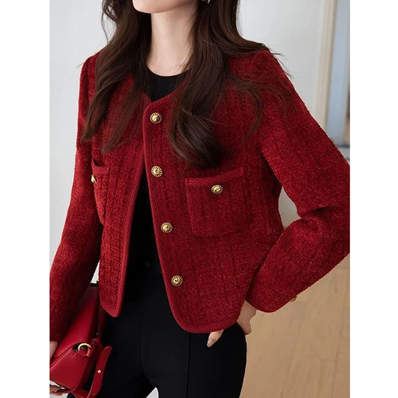 

Xpqbb Women Vintage Short Tweed Jackets Round Collar Single-Breasted Long Sleeve Outwear Female Korean Fashion Wine Red Coats
