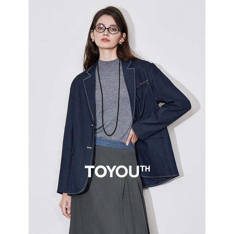 TOYOUTH Women Blazer 2024 Autumn New Fake Denim Lapel Collar Long Sleeve Oversize Suit Jacket Navy