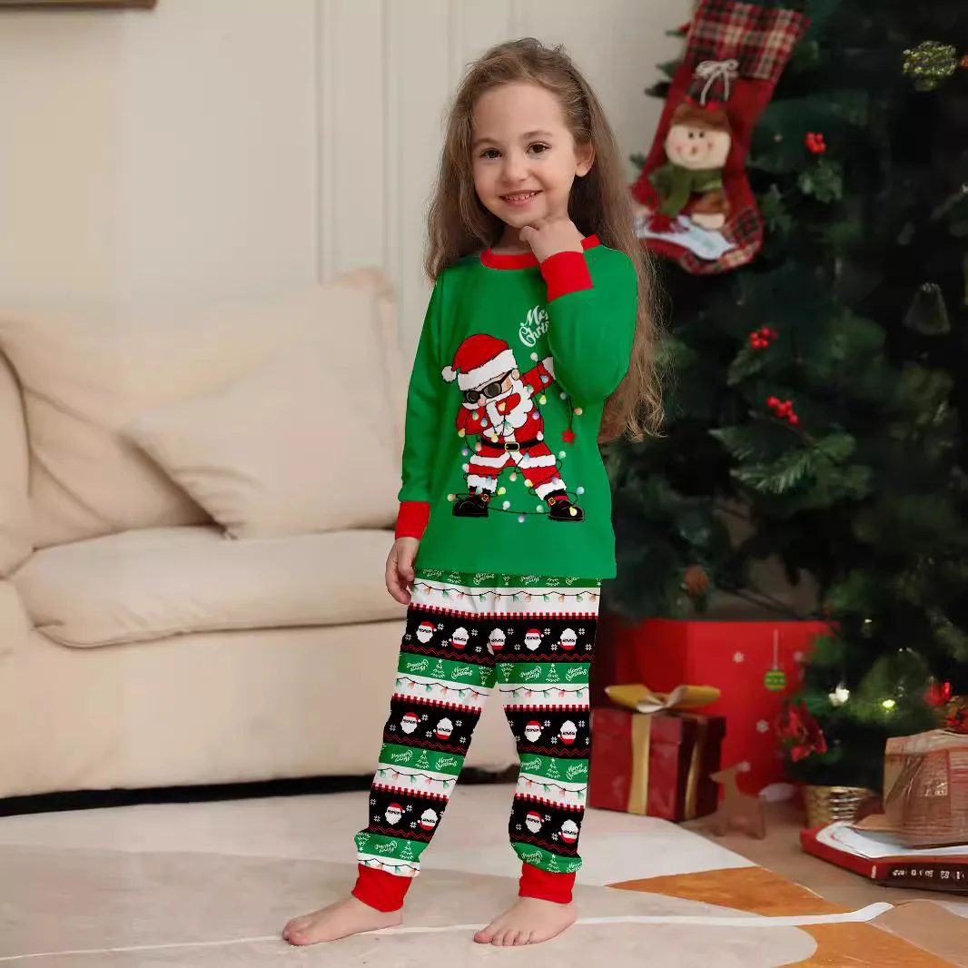 2024 new Europe and the United States ebay new Santa Claus green printed family long sleeve pajamas set home suit 2 sets