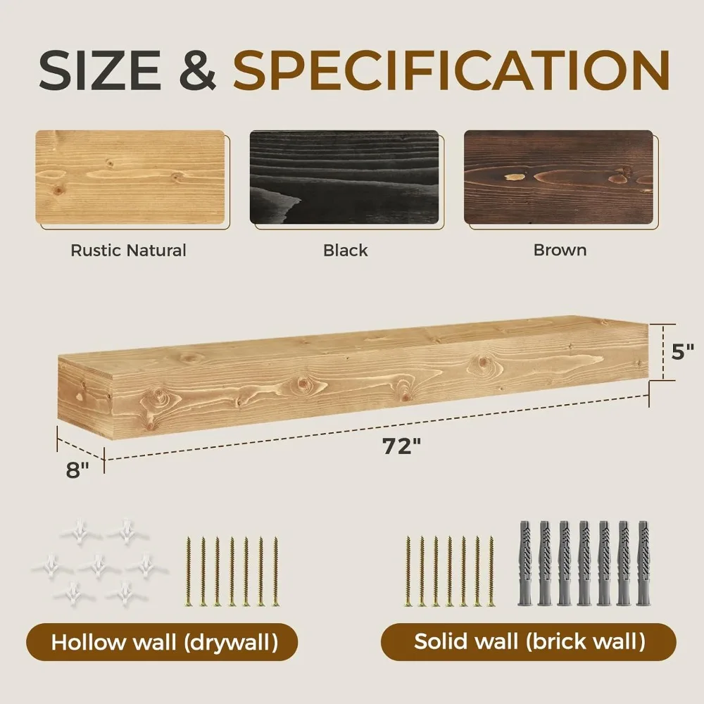 72'' Fireplace Mantel, 5'' Thick Pine Wood Floating Shelf, Wood