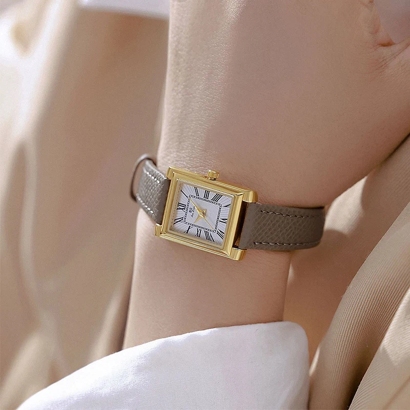 Light Luxury Square Dial Women's Watches Premium Elephant Grey Leather Strap Quartz Wristwatch Classic Temperament Ladies' Watch
