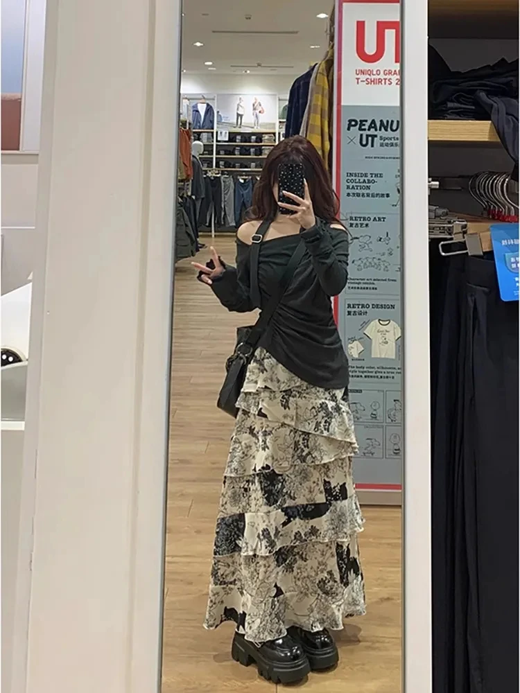 

Vintage Print Irregular Cake Skirts Women 2025 Fashion High Waist Tierred Ruffles A Line Long Skirt Sweet Beach Faldas