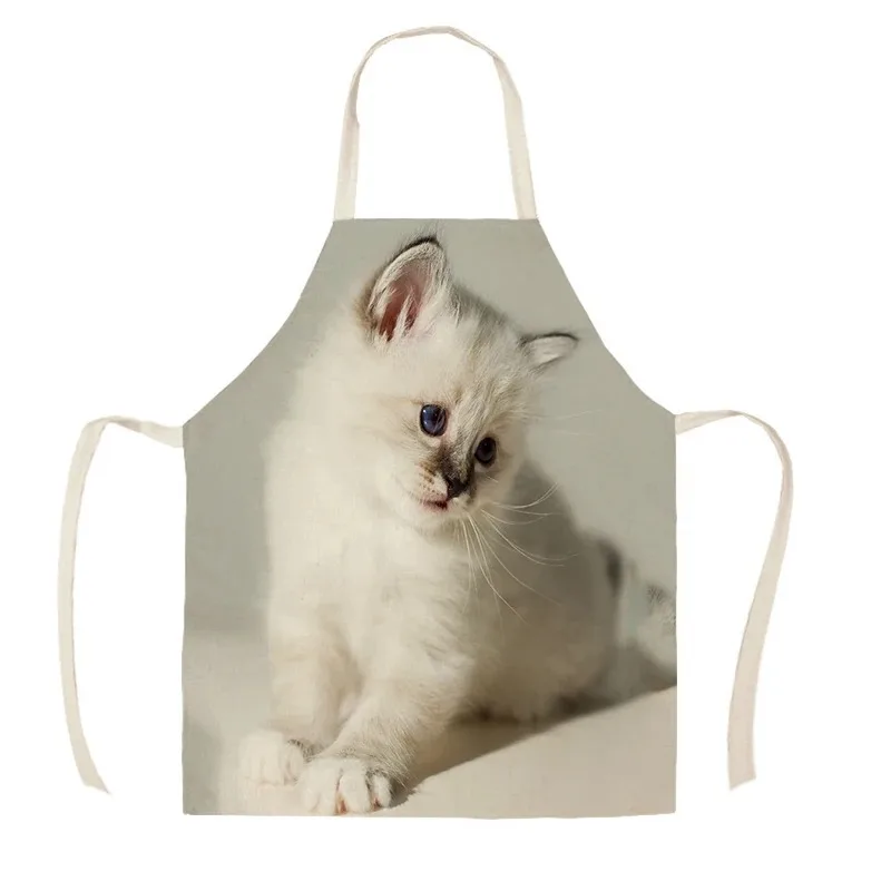 Kitchen Apron Lovely Cat Printed Linen Aprons for Men Women Home Cleaning Tools Cooking Baking Accessories Delantal Cocina