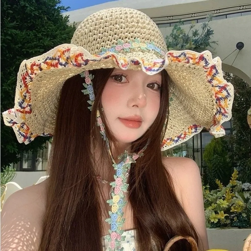 

Fashionable Large Brim Straw Hat Floral Tie Hollow out Sunshade Hat Ethnic Style Beach Holiday Hat Vacation