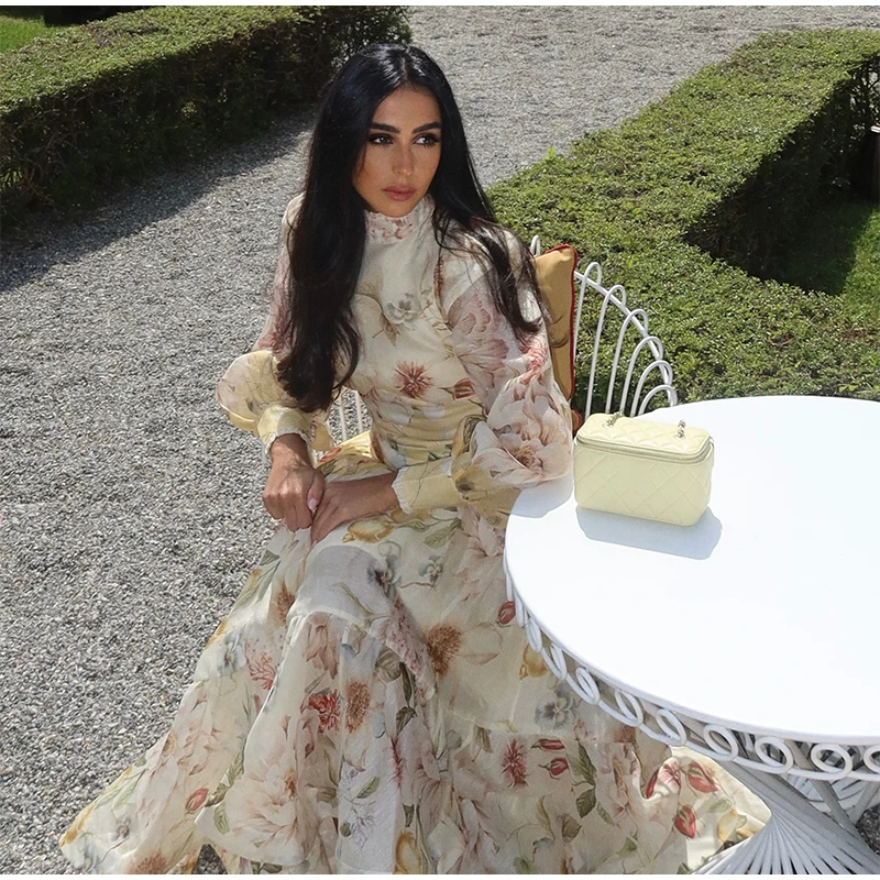 Elegant Floral Printed Women's Dress Stand Collar Full Puff Sleeve A-line Long Dresses 2026 Summer Vacation Party Lady Robes