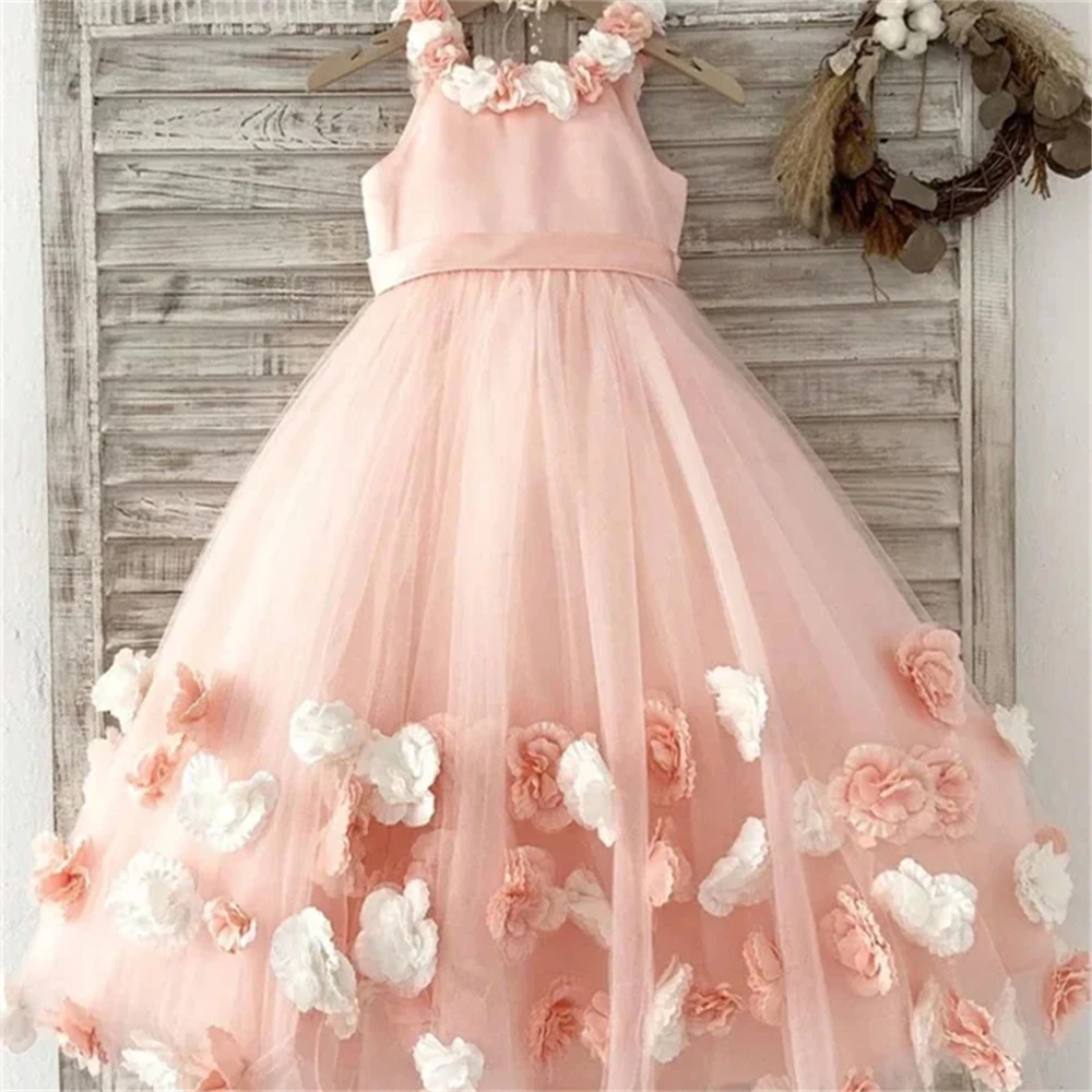 Customized Pink Flower Girl Dress For Wedding Appliques Sleeveless Floor Length Elegant Kids Birthday First Communion Gown