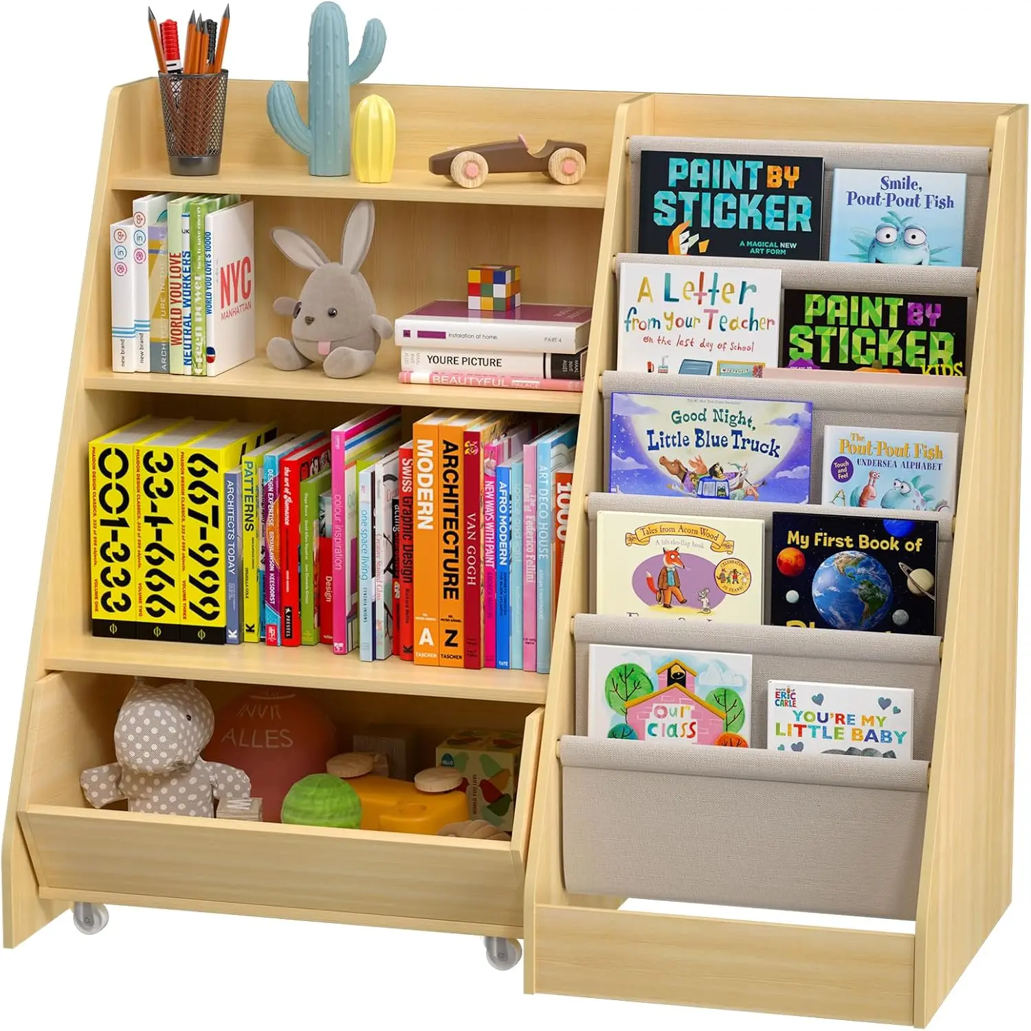 3 Tier Kids Wooden Bookshelf, 5 Sling Bookshelf, 1 Removable Storage Cabinet, Kids & Toddler Book Rack For Book Storage And