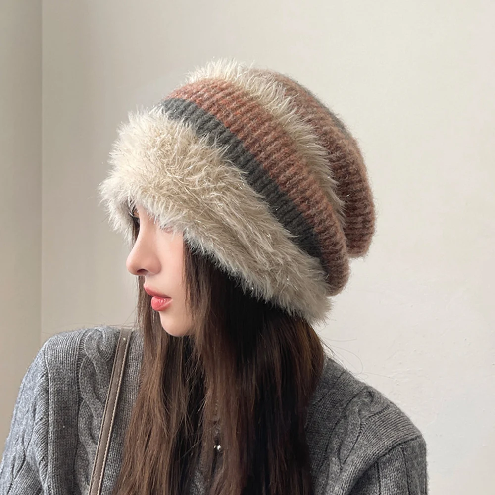 Wool Knitted Hat for Women Winter Warm Striped Pile Cap Soft Knitted Plush Cap Hat Head Sleeve Cold Ear Protection Hat Fashion