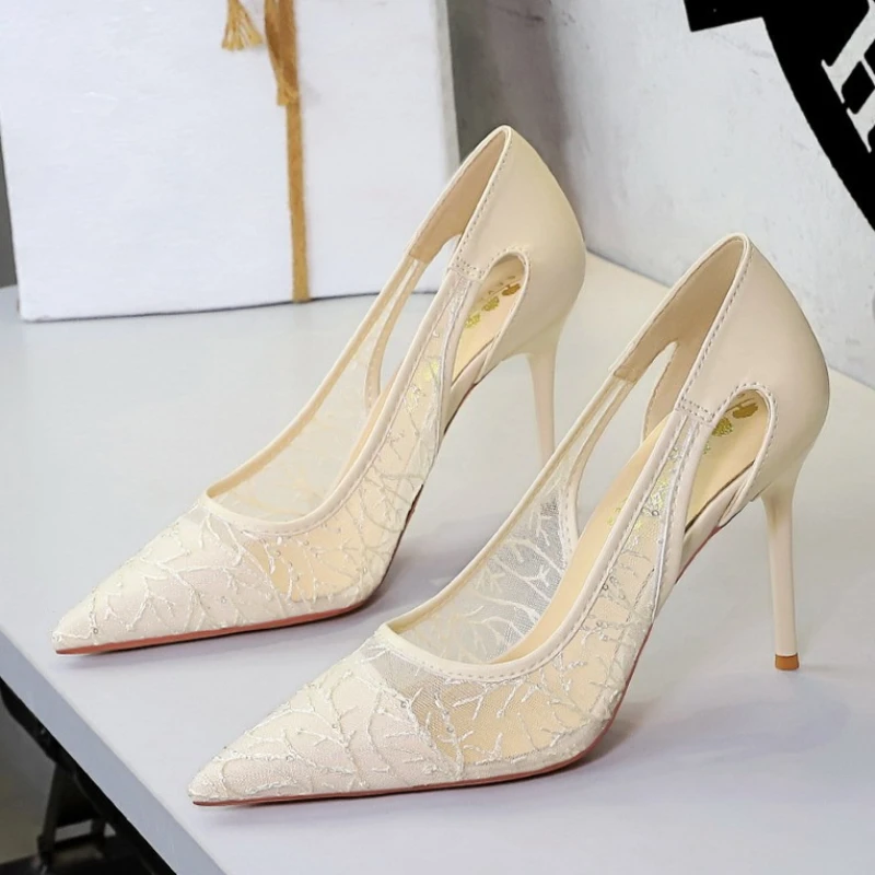 BIGTREE New Design Hollow Out Glitter Mesh Embroidery Women Pumps Sexy Wedding Thin High Heels Pointed Toe Shoes view 4