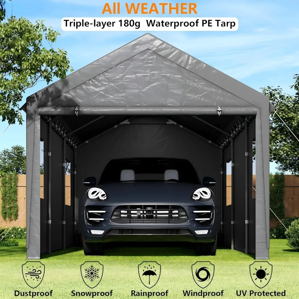 10'x20' Heavy Duty Carport with Removable Sidewalls & Doors, Portable Garage with Roll-up Ventilated Windows, Gray