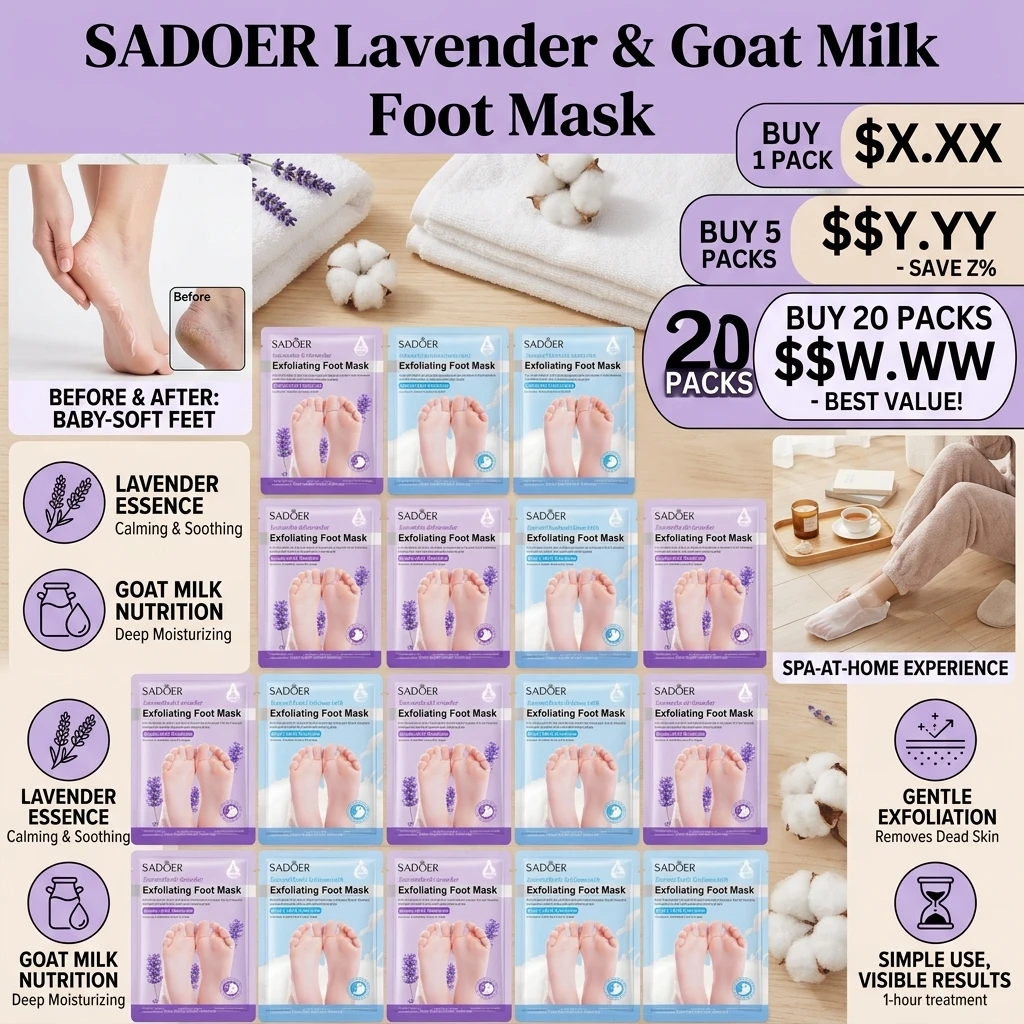 SADOER 1/5/10/20PCS Moisturizing Exfoliating Foot Mask with Lavender & Goat Milk Extract Nourish & Smoothen Foot Skin Effective