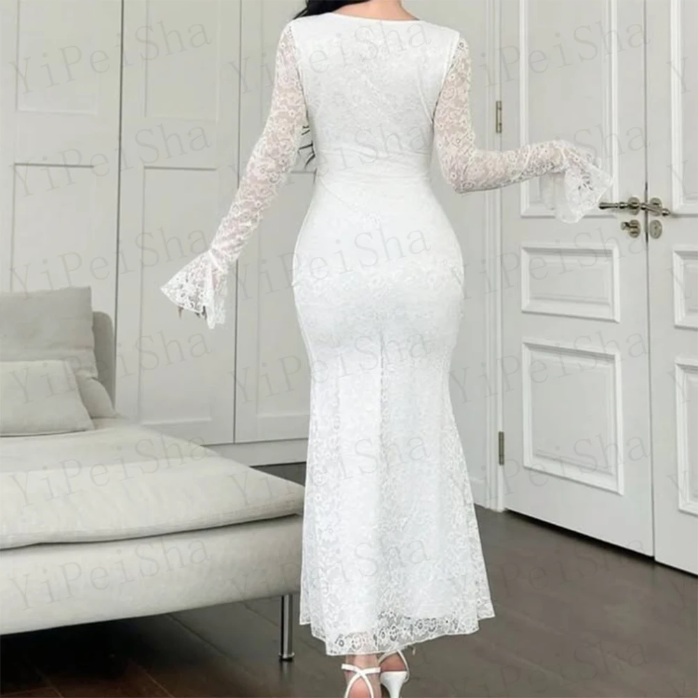 تخصيص ضيق المناسب ألف خط فساتين لحضور الحفلات الموسيقية الشاي طول ساحة طوق كم كامل ثوب مسائي أزياء من الدانتل الكشكشة حزب ثوب #2