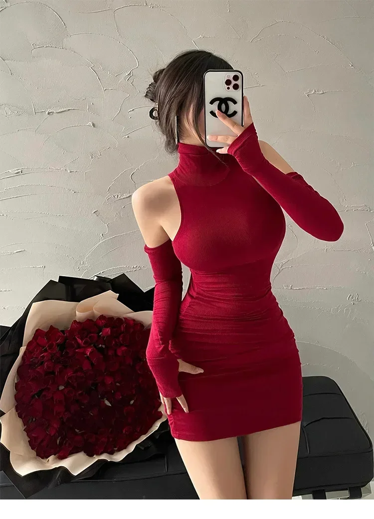 

2023 New Women's Mini Dress Sleeveless Pleated Tight Dress High Neck Lace Up Autumn Black Tight Elastic Party Tank Top Summer