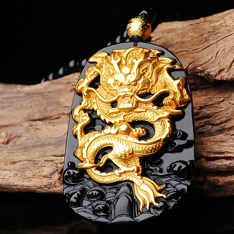 

Natural Obsidian Inlaid 18K Gold Dragon Pendant For Men And Women Zodiac Dragon Necklace Pendant Fine Jewelry Gift