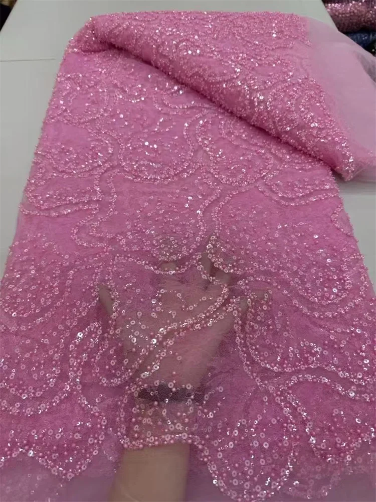 

New Pink Red Swiss Luxury Sequins Lace High Quality Fabrics 2025 African Beaded Tulle Mesh Lace Fabric For Sewing Per 5 Yards