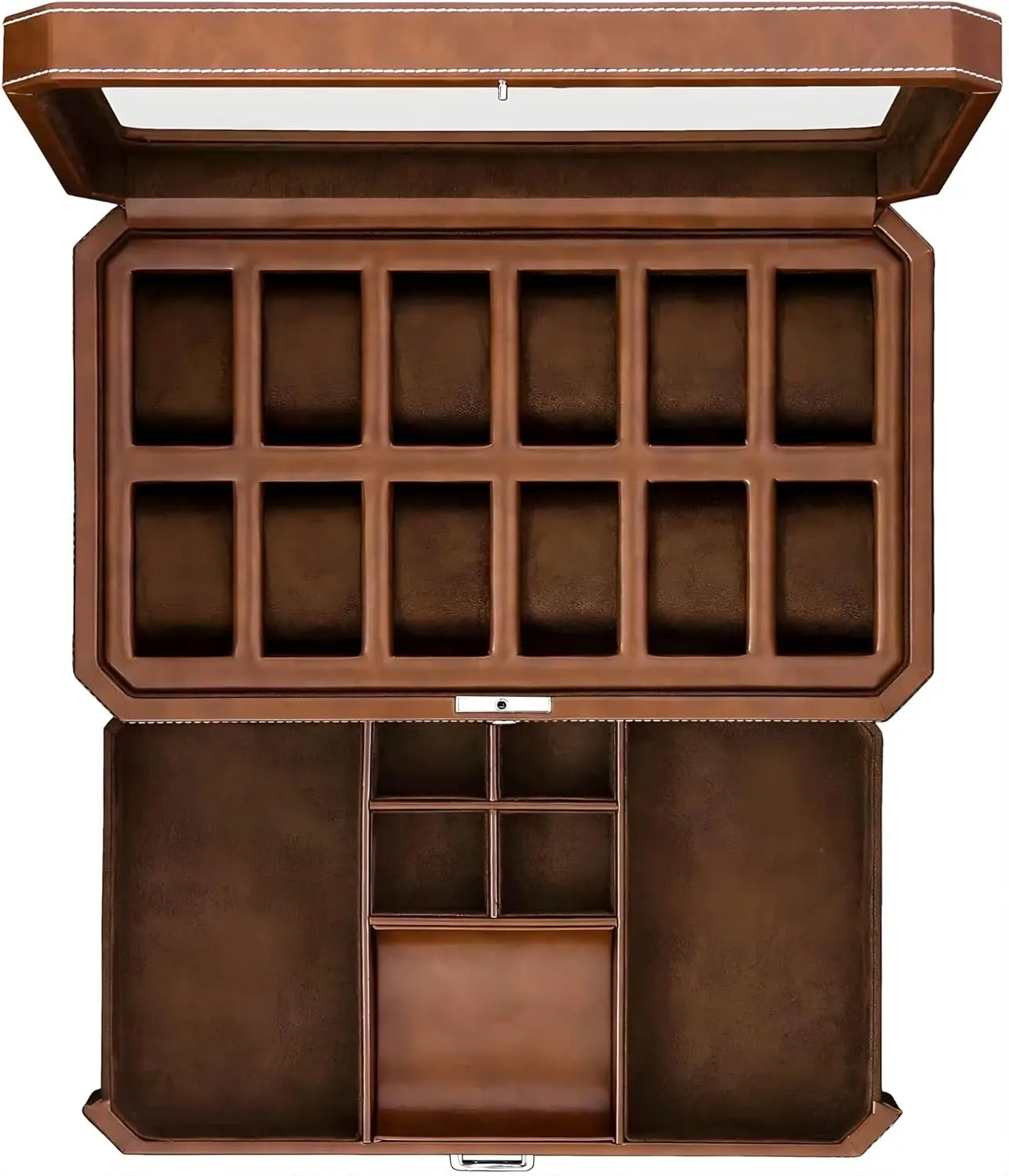 

Кожаная шкатулка для часов на 12 отделений с выдвижным ящиком для мелочей — роскошный органайзер для часов, с микрофибровым вкладышем, для демонстрации ювелирных изделий (бежевый/коричневый)