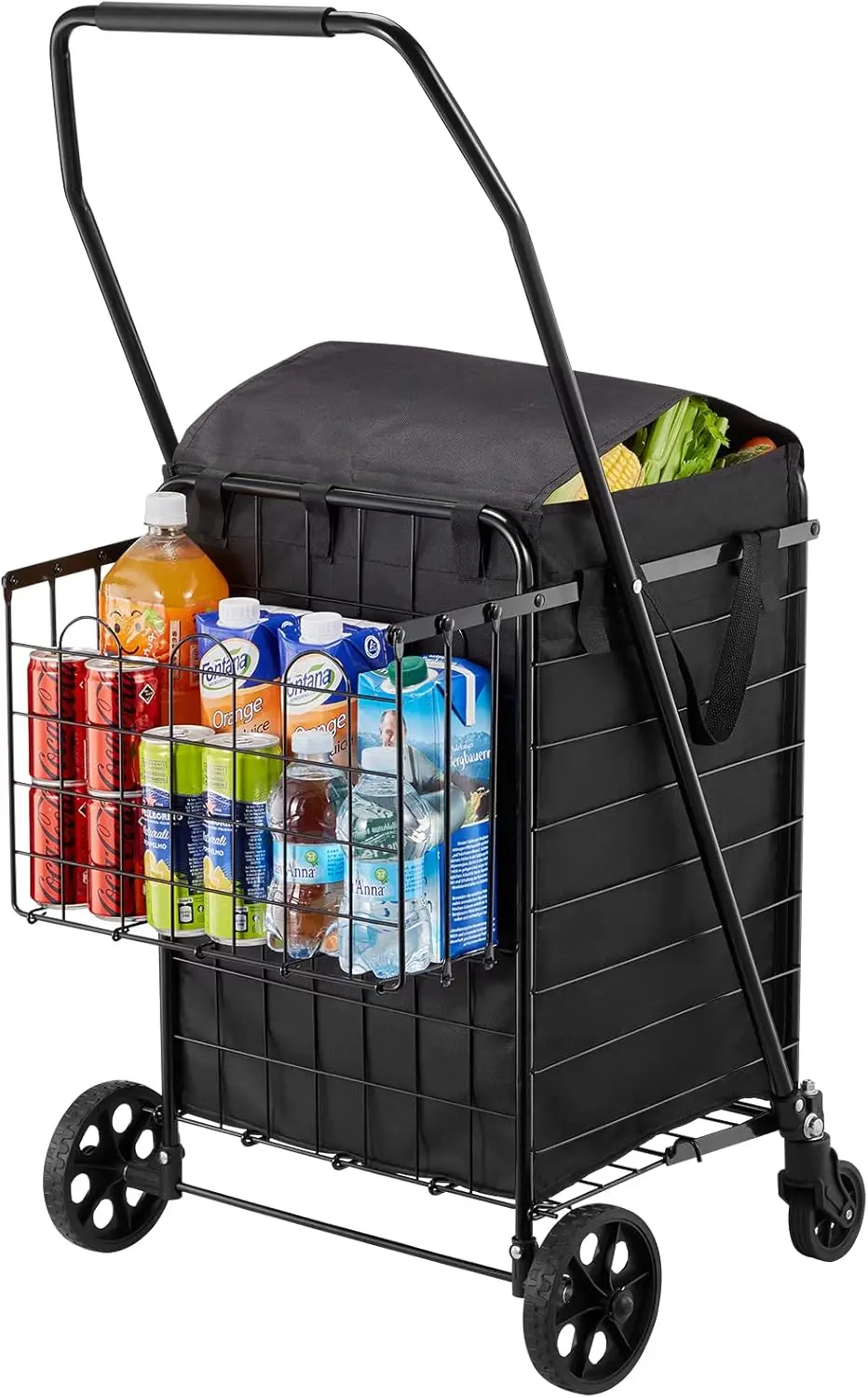 

Folding Grocery Cart with Dual Baskets, Waterproof Liner & Wheels, 100 LBS Capacity for Laundry, Shopping, Camping