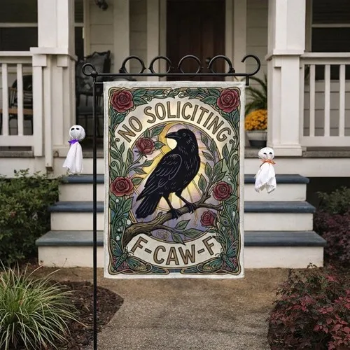 No Soliciting Raven Garden Flag Funny Crow House Banner Double Sided AAV