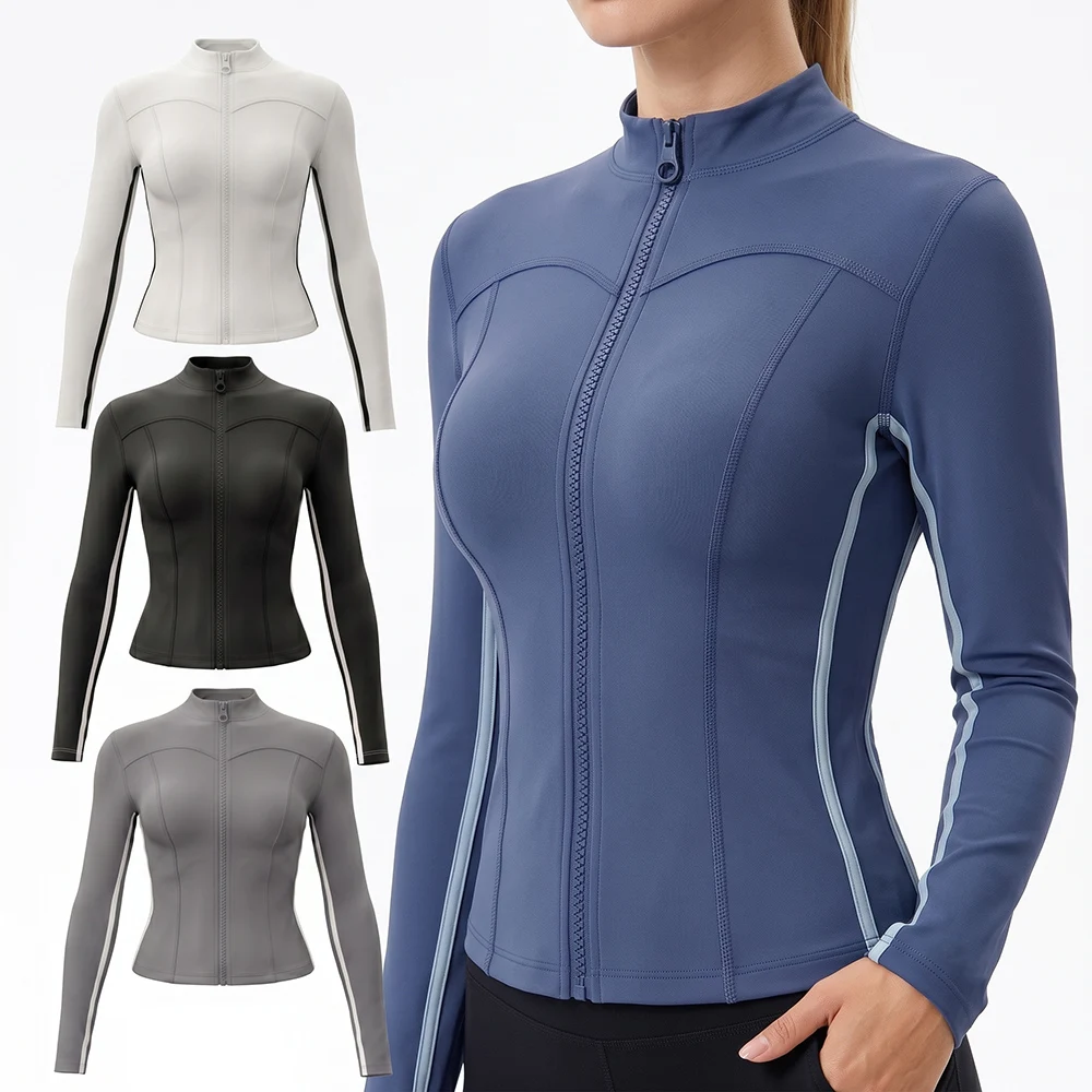 Women Zip Up Athletic Jacket White Striped Long Sleeve Stand Collar Slim Fit Cropped Sport Coat Workout Running Yoga Fitness Out