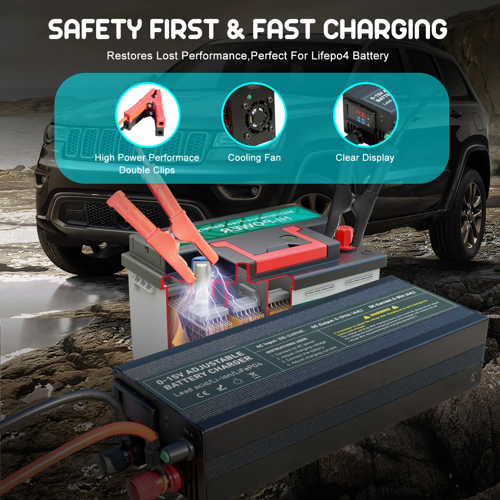 12v Battery Charge 85A Portable  Battery Charger  Fast Charge Lithium Battery Charger14.6V  Battery Adapter