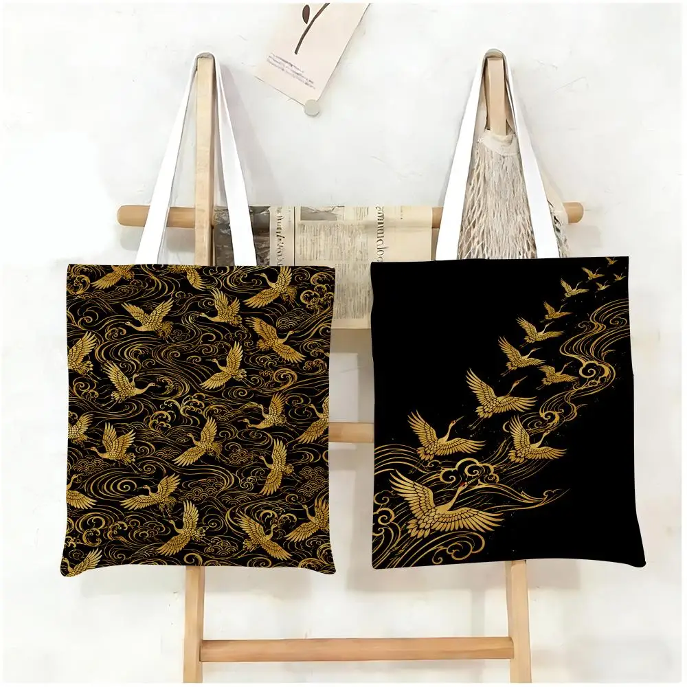 Flying Crane Diagram Pattern Storage Bags Canvas Tote Bag Women Large Capacity Reusable Shopping Shoulder Bag Daily Handbag