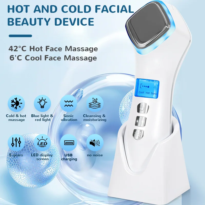 Red Blue Light Vibration Facial Massager Beauty Device Face Lifting Device Skin Tighten Wrinkle Removal Hot Cool Face Skin Care