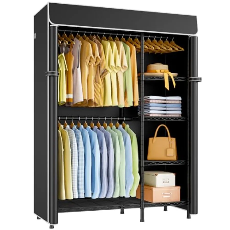 

F2C Clothes Rack with Cover Clothing Racks for Hanging Clothes Heavy Duty Garment Rack with Shelves and Hanger Rods Black Close