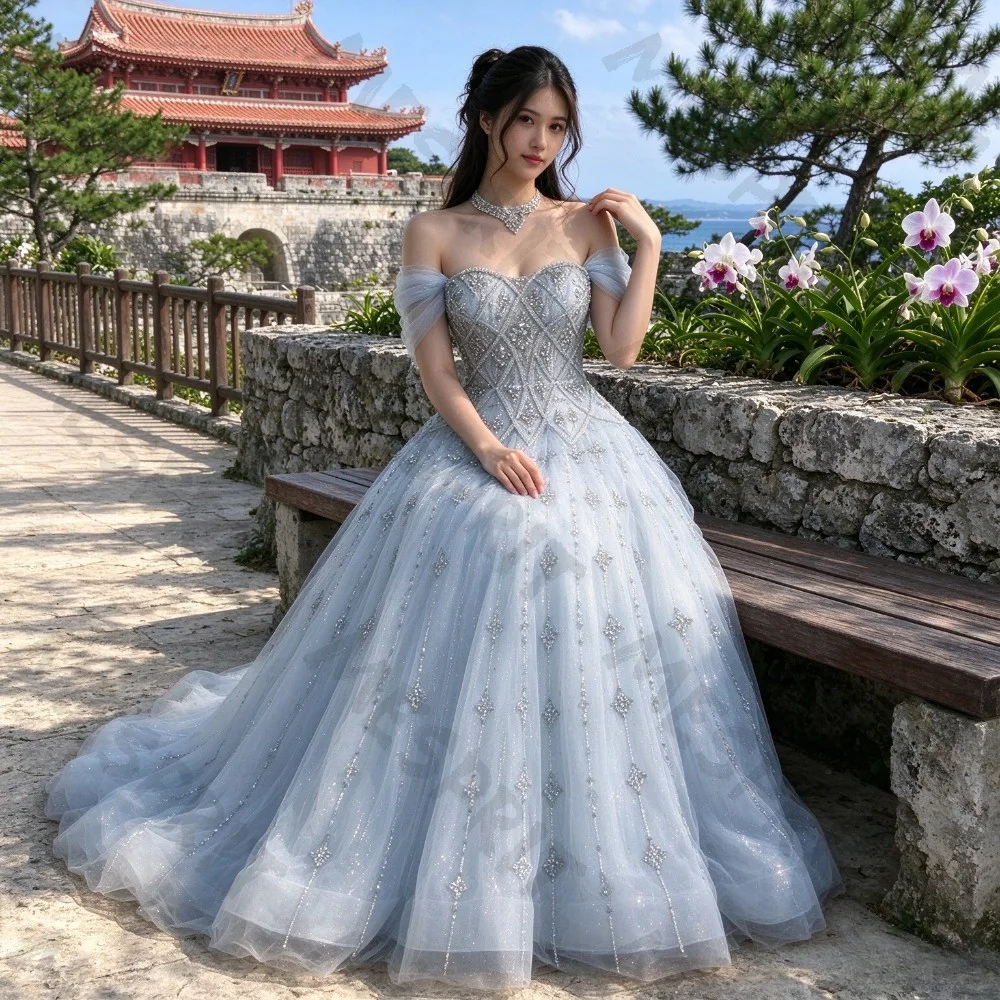 Customized Beaded Strapband Shoulder Evening Dress 2026 Blue Sweetheart A-line Sheer Pleated Lace Ball Gown Suitable for Parties