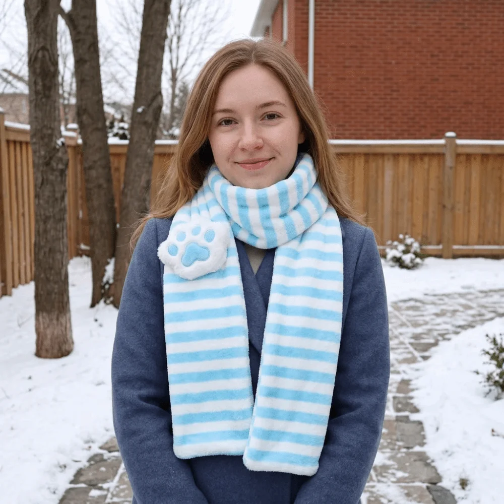 Neck Warmer Stripe Cat Paw Scarf Soft Thick Long Plush Muffler Skin Friendly Lightweight Winter Scarf Autumn Winter