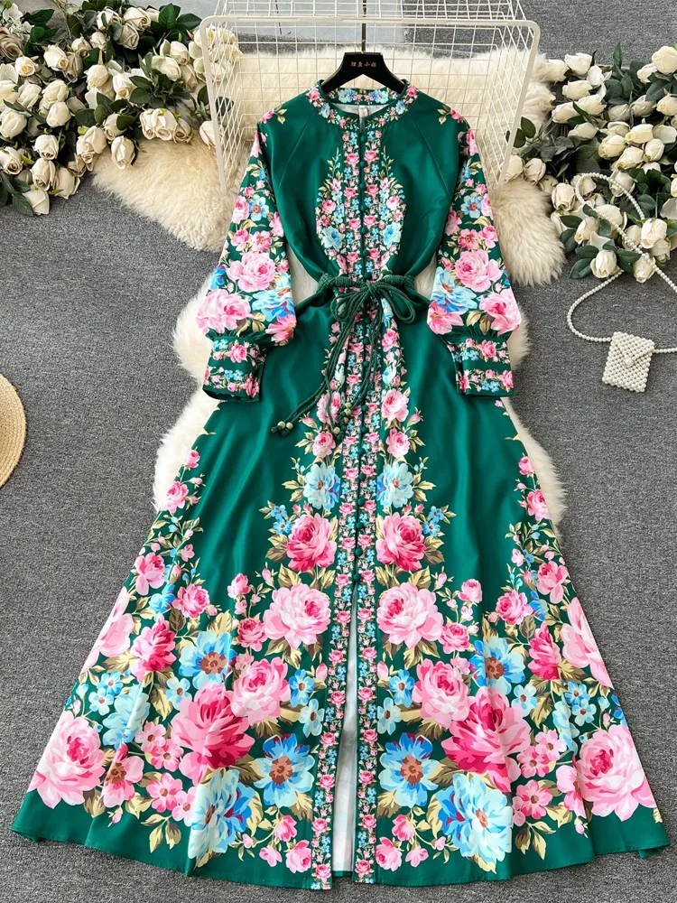 

Lusumily Women Vintage Long Dress Fashion Print A-line Ruffled Elegant Floral Party Dresses Ladies Casual Long Robe Vestidos