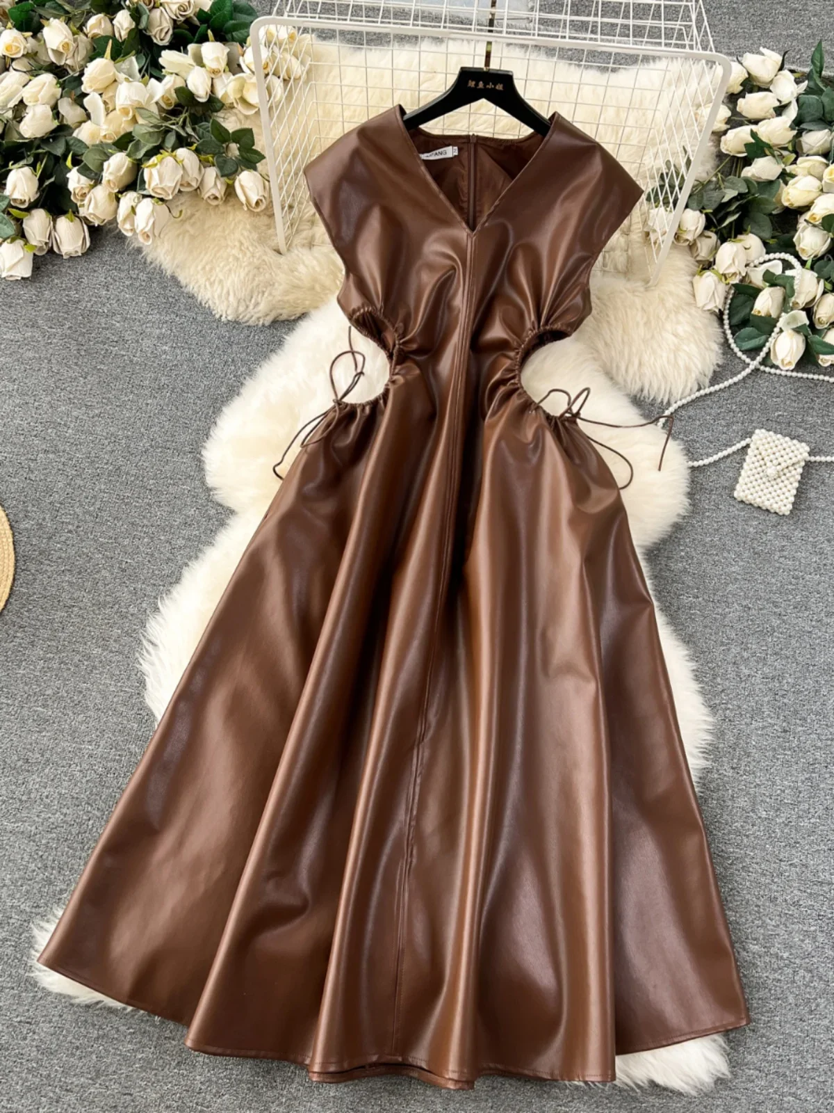 KUSAHIKI Spicy Girl Style Sleeveless Leather Dress for Women Autumn Drawstring Waist V-neck Hollow Out PU Design Long Dresses