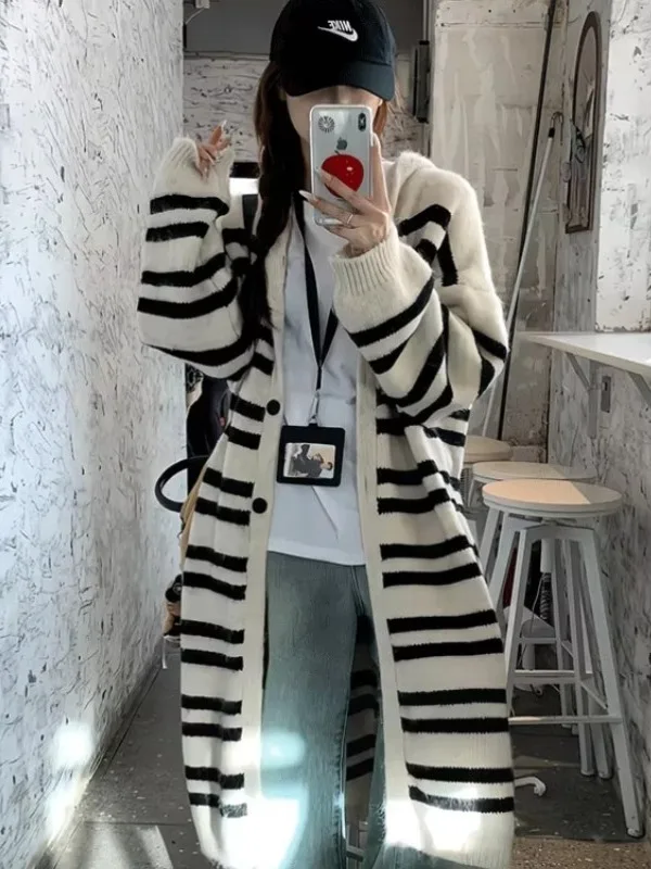 

Striped Knitted Open Cardigan Hooded Mid-Length Loose Fit Autumn Winter New Sle Versatile Slimming Sweater Jaet for Women