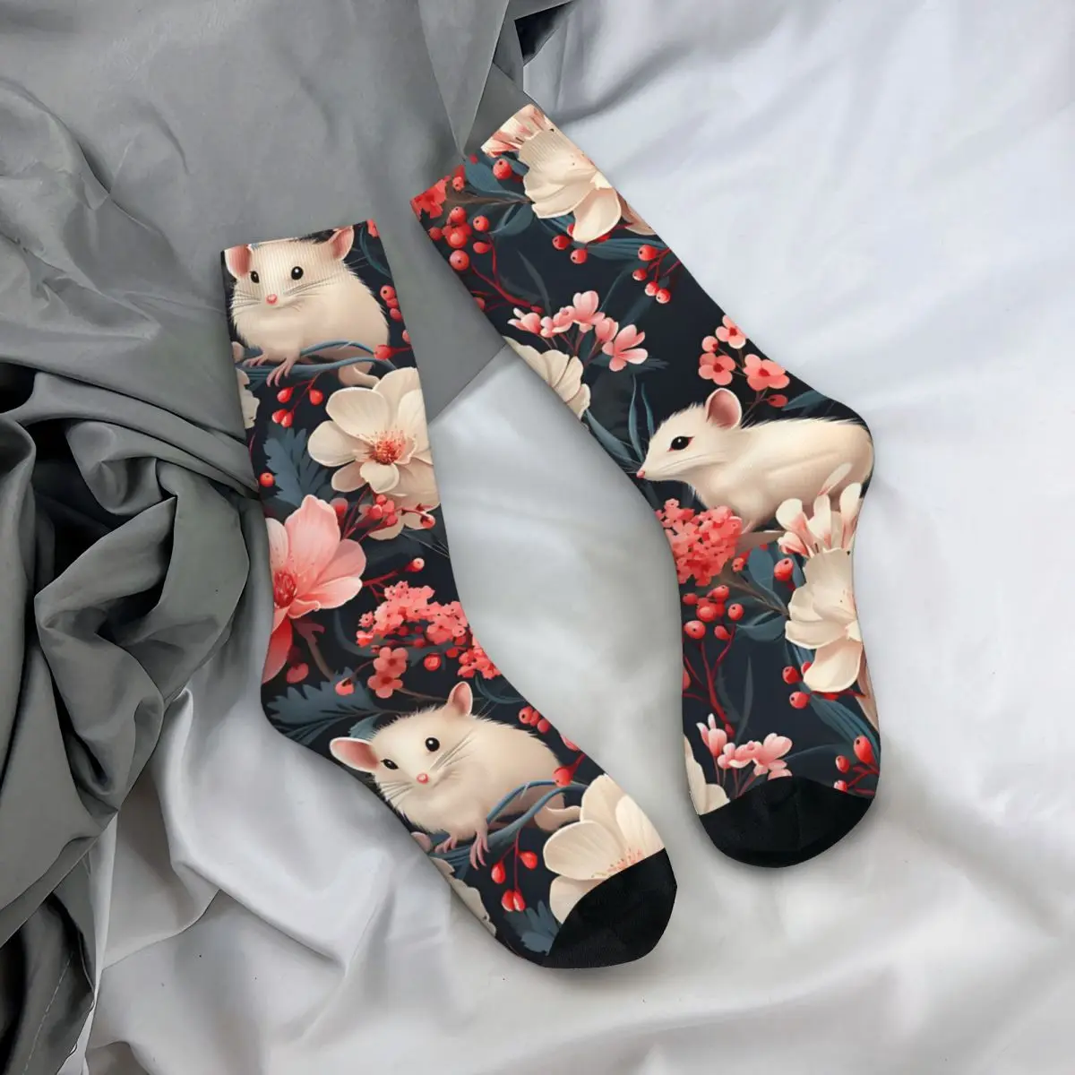 Elin-Chaussette de compression pour homme, blanc baie, souris, floral, rose, bleu, impression, Harajuku, sans couture, motif, équipage, nouveauté, hiver