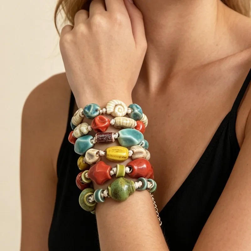 Geometry Colorful Beaded Bracelets For Women Summer Beach Stackable Chunky Ceramic Statement Jewelry Boho Accessories Gift