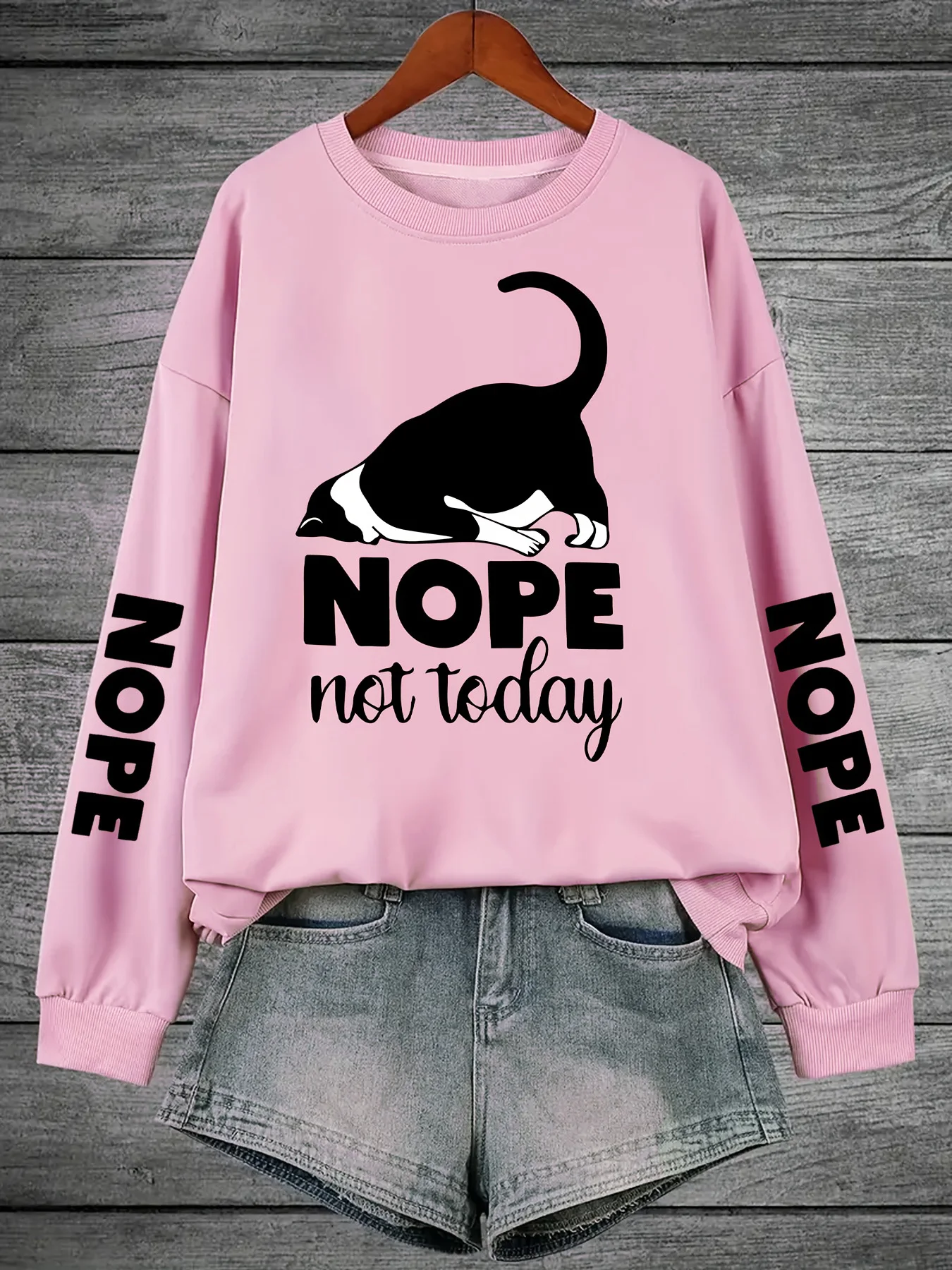 Casual warme damessweater met katten- en letterprint, comfortabel plus fluwelen sweatshirt met lange mouwen en ronde hals