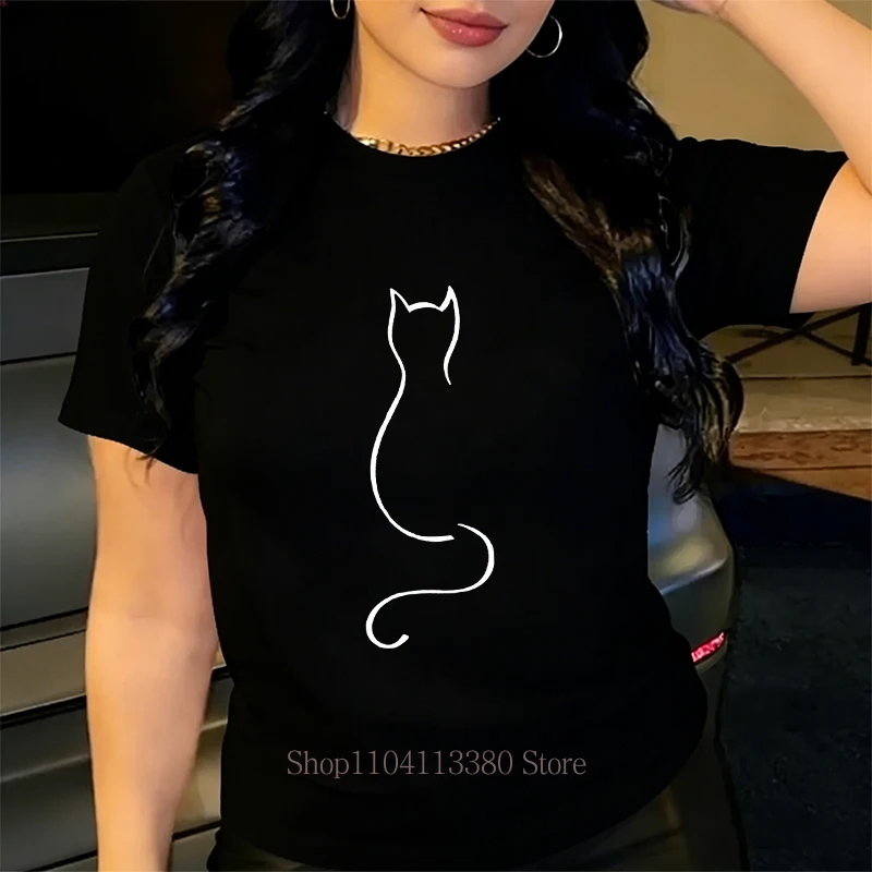 

Футболки больших размеров с минималистичным графическим принтом Line Cat, женская одежда, летние повседневные модные топы с круглым вырезом и короткими рукавами, футболки