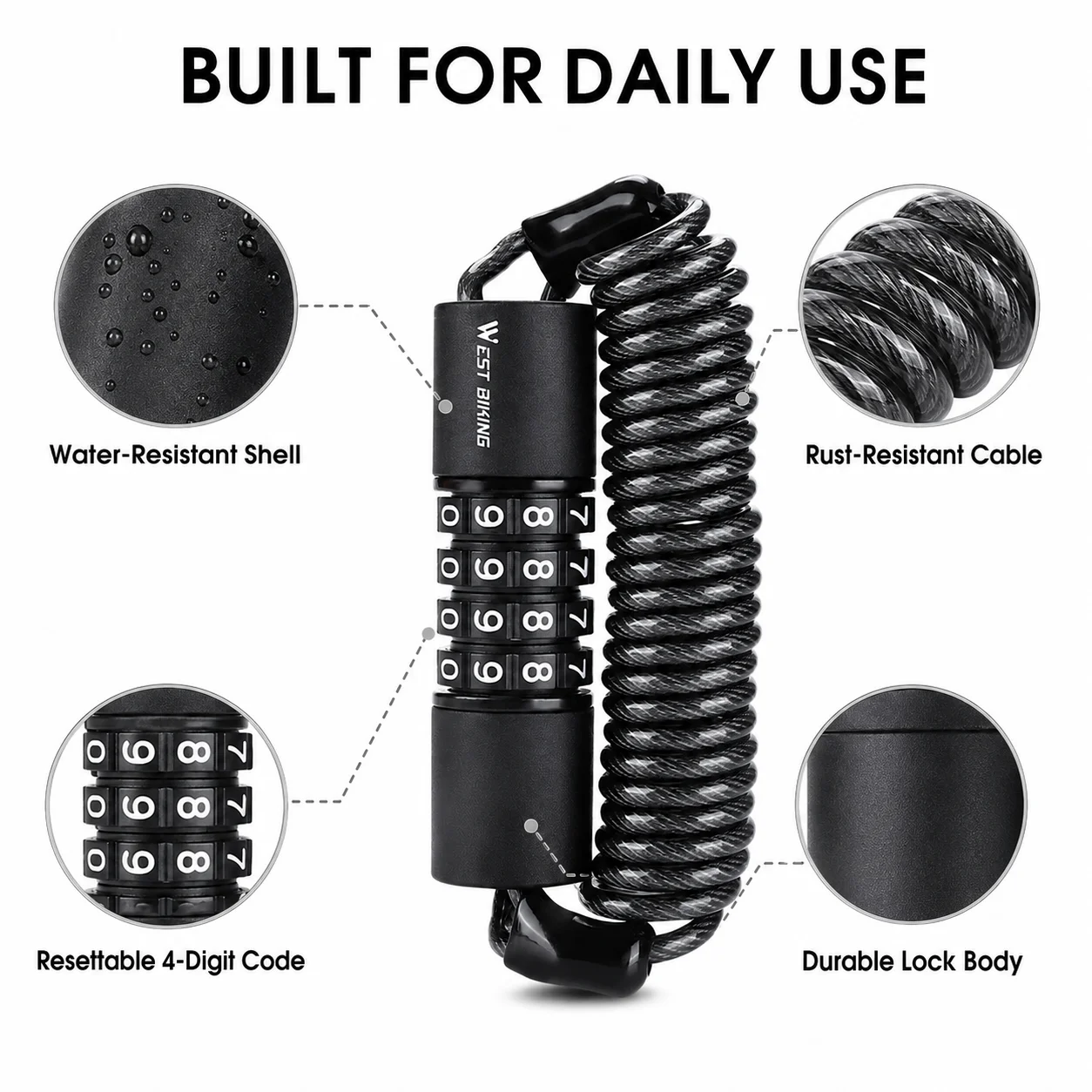 Mini Bike Combination Cable Lock, 4-Digit Resettable Coiled Steel Security Lock for Bicycles, Helmets, Scooters and Outdoor Gear