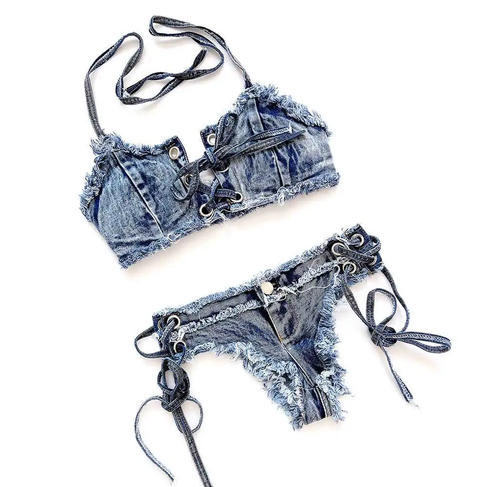 Women\'s Denim Bikini Set with Jeans Shorts and Bra for Beach Play and Bar Nightclub