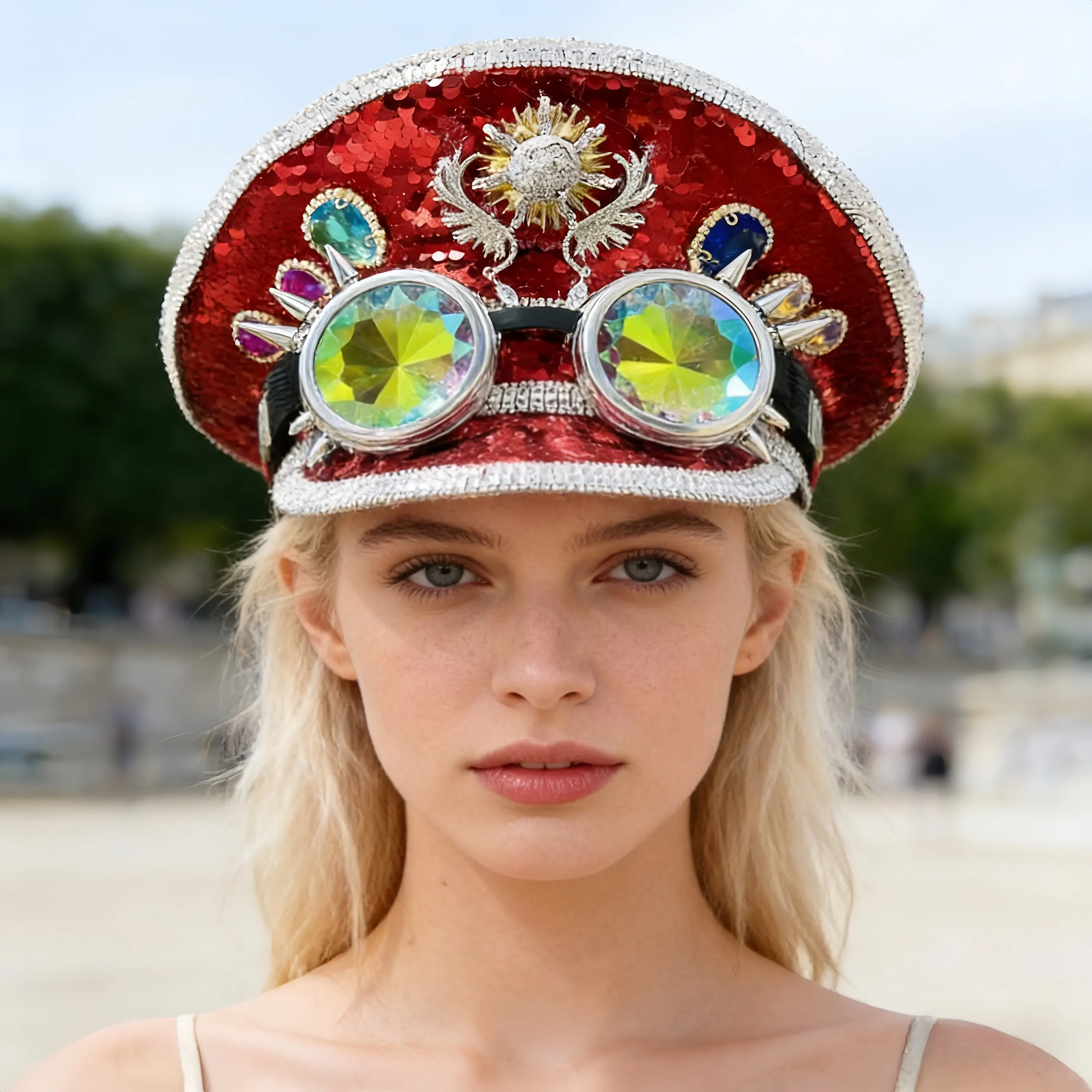 

HongLuan Red Disco Steampunk Captain Hat Rhinestone with Goggles for Music Festival Woman, Military Accessories & Cap for Man
