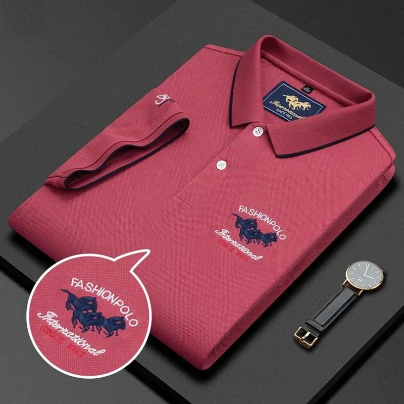 Summer Men\'s Thin Polo Shirts Letter Embroidery Solid Color Tops Fashion Business Casual Breathable Shorts Sleeve T-Shirts Male