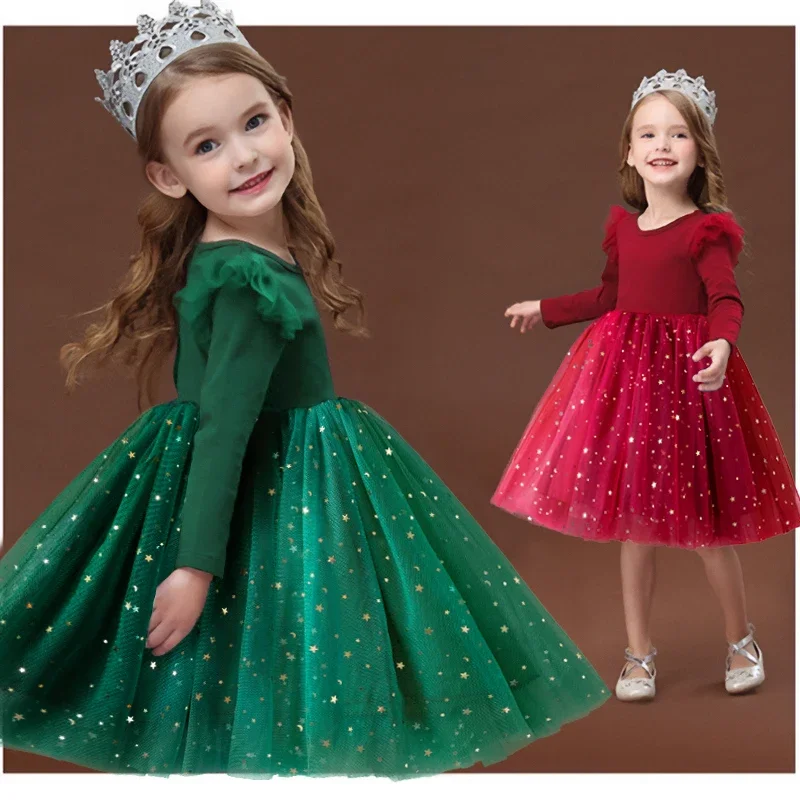 3-8 Years Girls Casual Dresses Autumn Spring Winter Green Sequin Mesh Velvet Children\'s Clothing Christmas Party Kids Costume