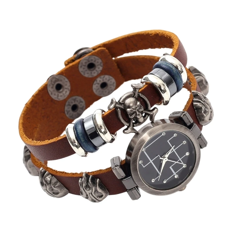 HXBF Unique Steampunk Inspired Leather Watch Bangle Bracelet With Skeleton Ornament For Alternative Lovers