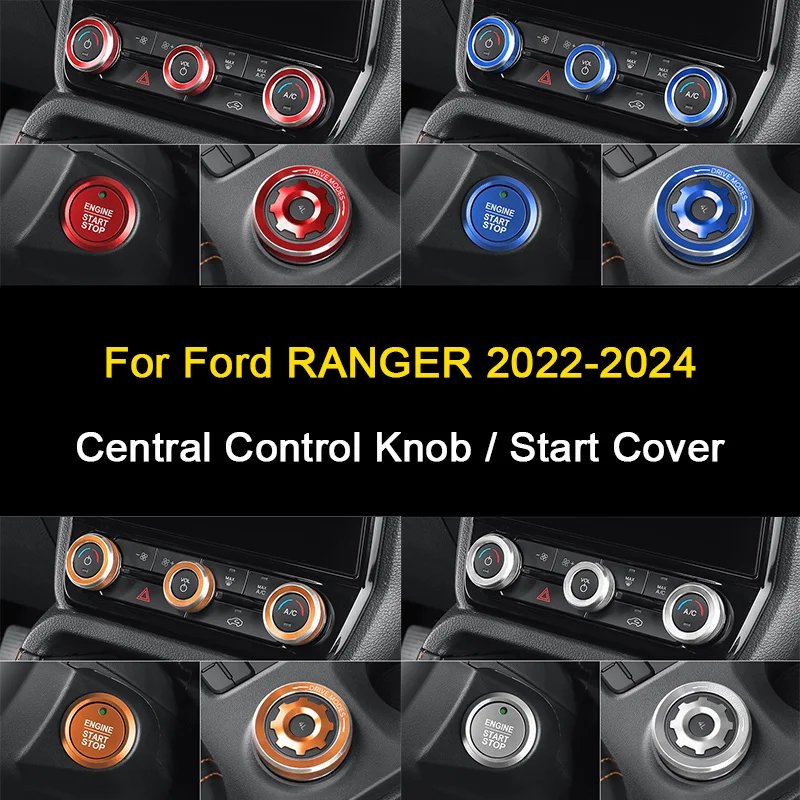

For Ford Ranger 2022 2023 2024 Car Interior AC Volumn Knob One Click Start Stop Button Stickers Knob Decorative Frame Ring Cover