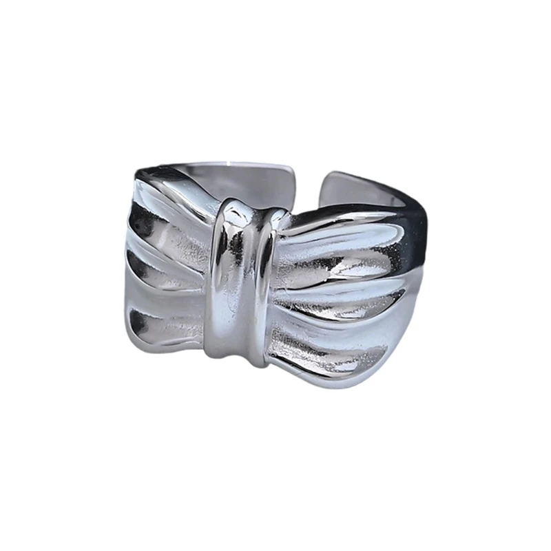 62KE Elegant Ruffled Wide Bowknot Rings In Shining White Copper For Women Jewelry