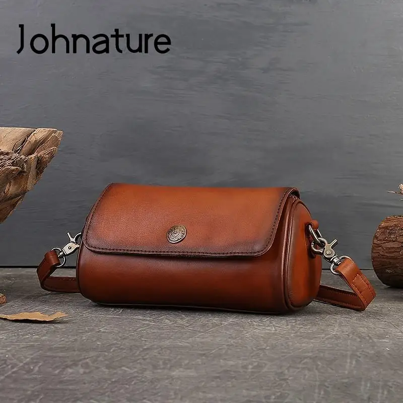 Johnature 2024 New Vintage Genuine Leather Summer Pillow Bag Handmade Versatile Solid Color Women Shoulder & Crossbody Bags