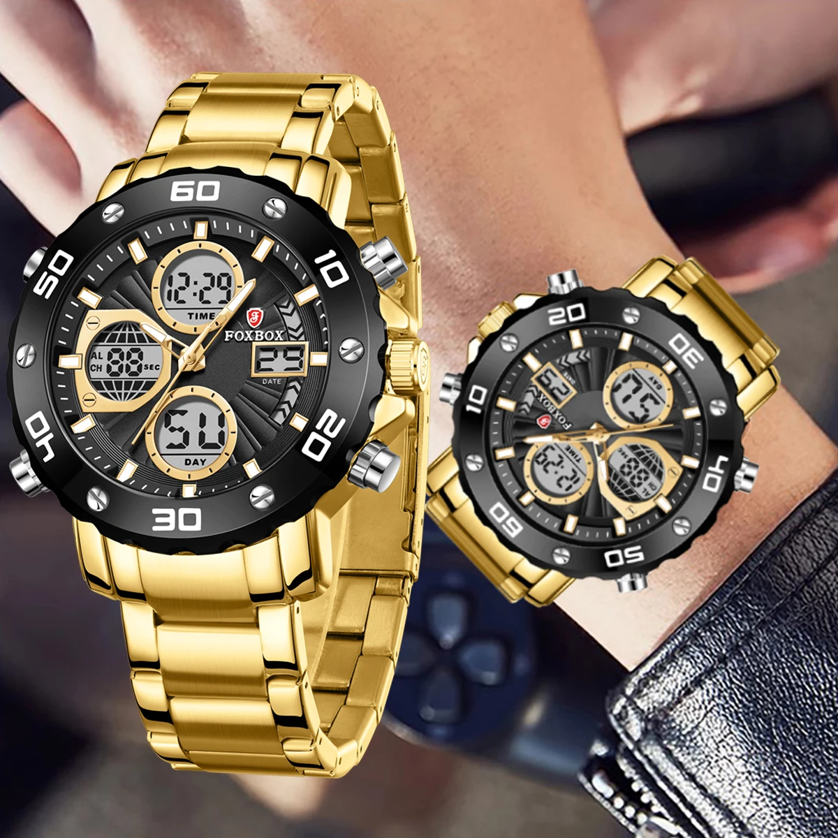 

FOXBOX Men's Quartz Watches Multifunctional Digital Watch Gold Color Watch 50M Waterproof Luminous Date Dual Display Time Night