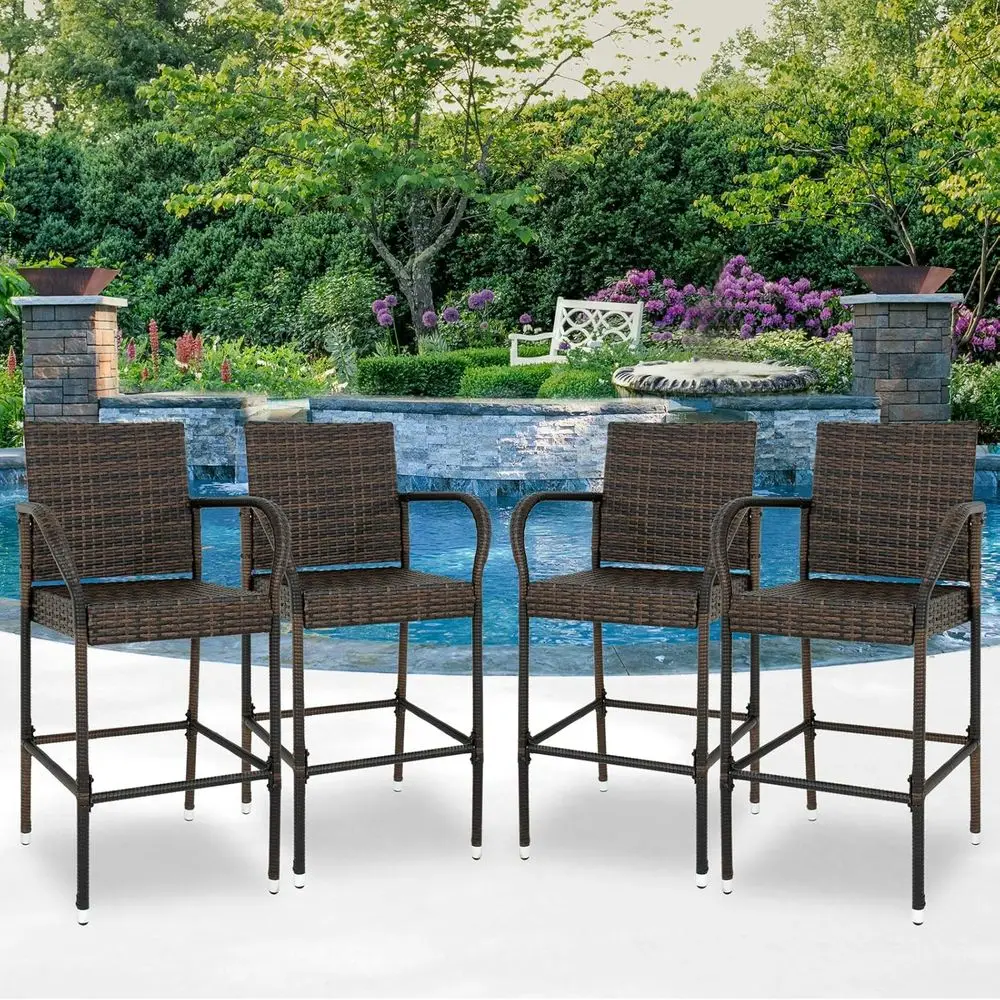 

4-Piece All-Weather Wicker Bar Stool Set with Rattan Chairs, Armrests, and Footrests for Outdoor Patio