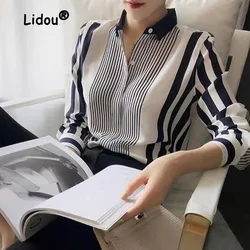 Listrado cor combinando moda blusa monobreasted feminino nova manga longa solto gola polo escritório all-match lady camisa 2023