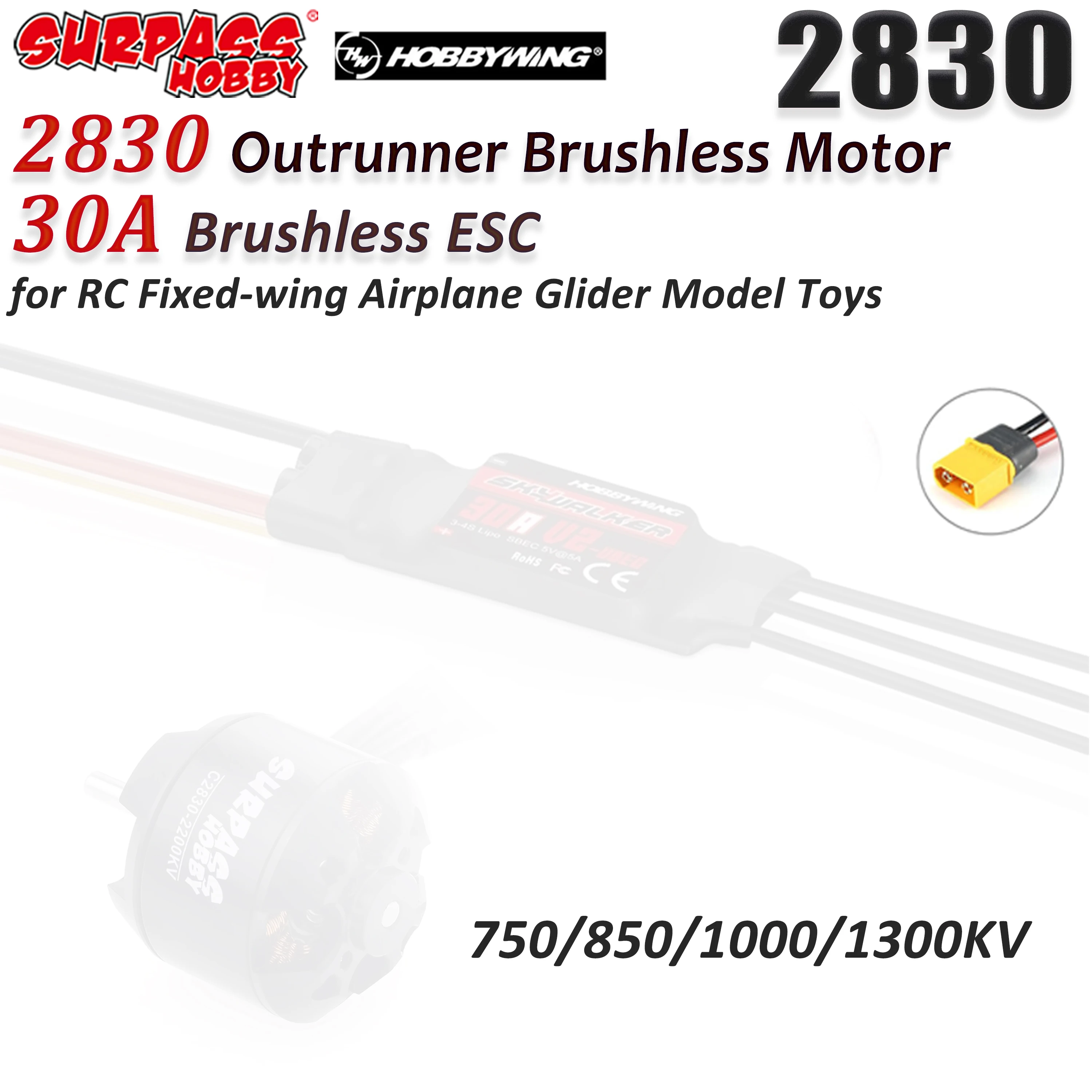 

SURPASS HOBBY 2830 750KV 850KV 1000KV 1300KV Outrunner Brushless Motor Skywalker 30A ESC for RC Fixed-wing Aircraft Plane Glider
